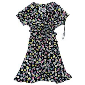 Vicky Tiel Wrap Dress Bold Floral Butterfly Print Black Multicolor Size Large